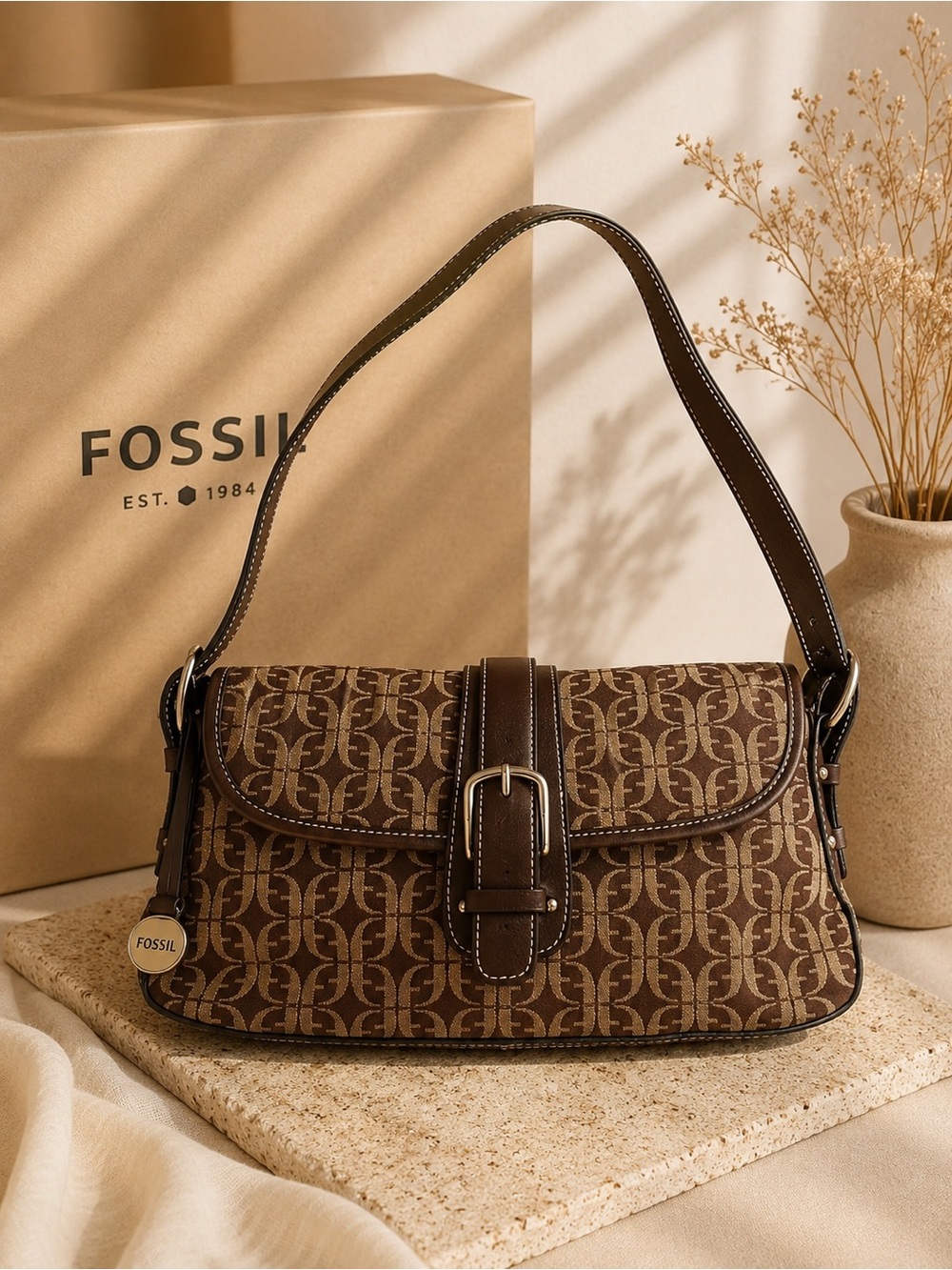 Y2K Fossil Brown and Tan Logo-Print Shoulder Bag